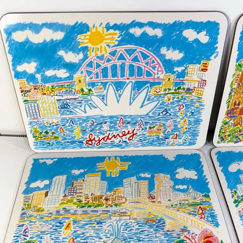 1983 Ken Done Australian City Placemats Trivets Set Sydney Melbourne Perth